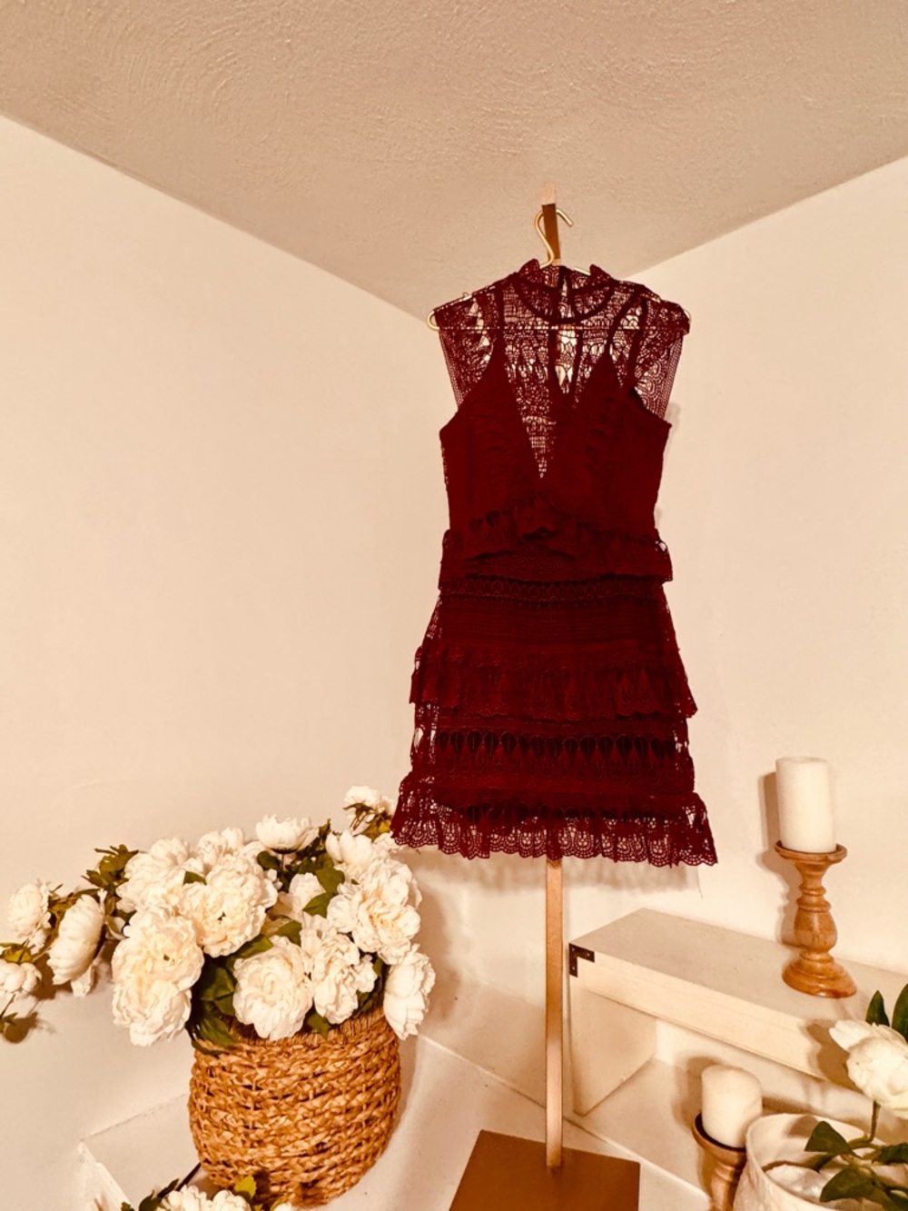 Self-Portrait Burgundy Lace Tiered Mini Dress - Picture 4 of 9